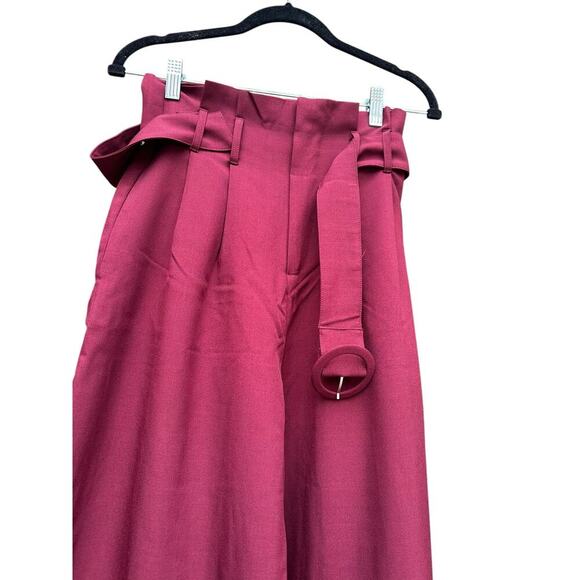 Shop the Mint Burgundy Red Wide Leg Trousers. Paper bag belted waist. Size-S - Picture 6 of 8